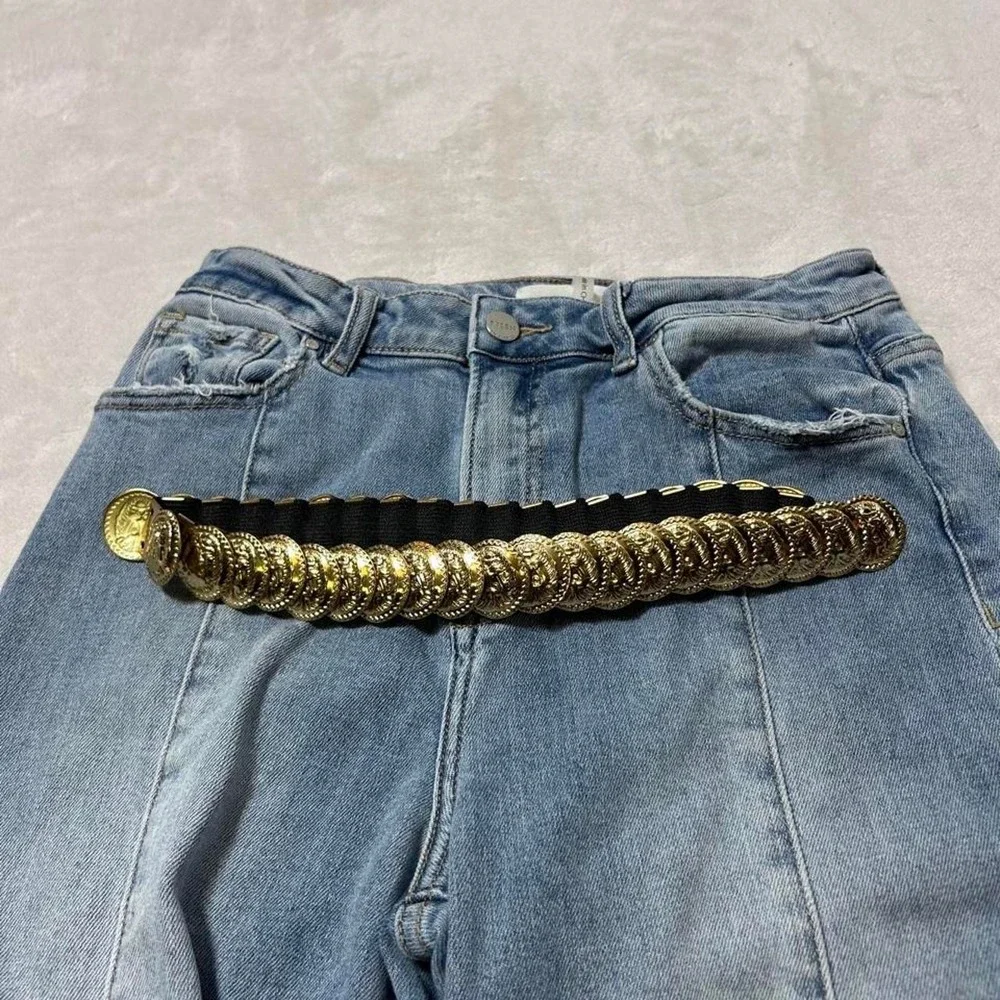 Vintage Gold Tone Lion Head Coin Stretch Belt Black Elastic Medallion 80s Sz S/M